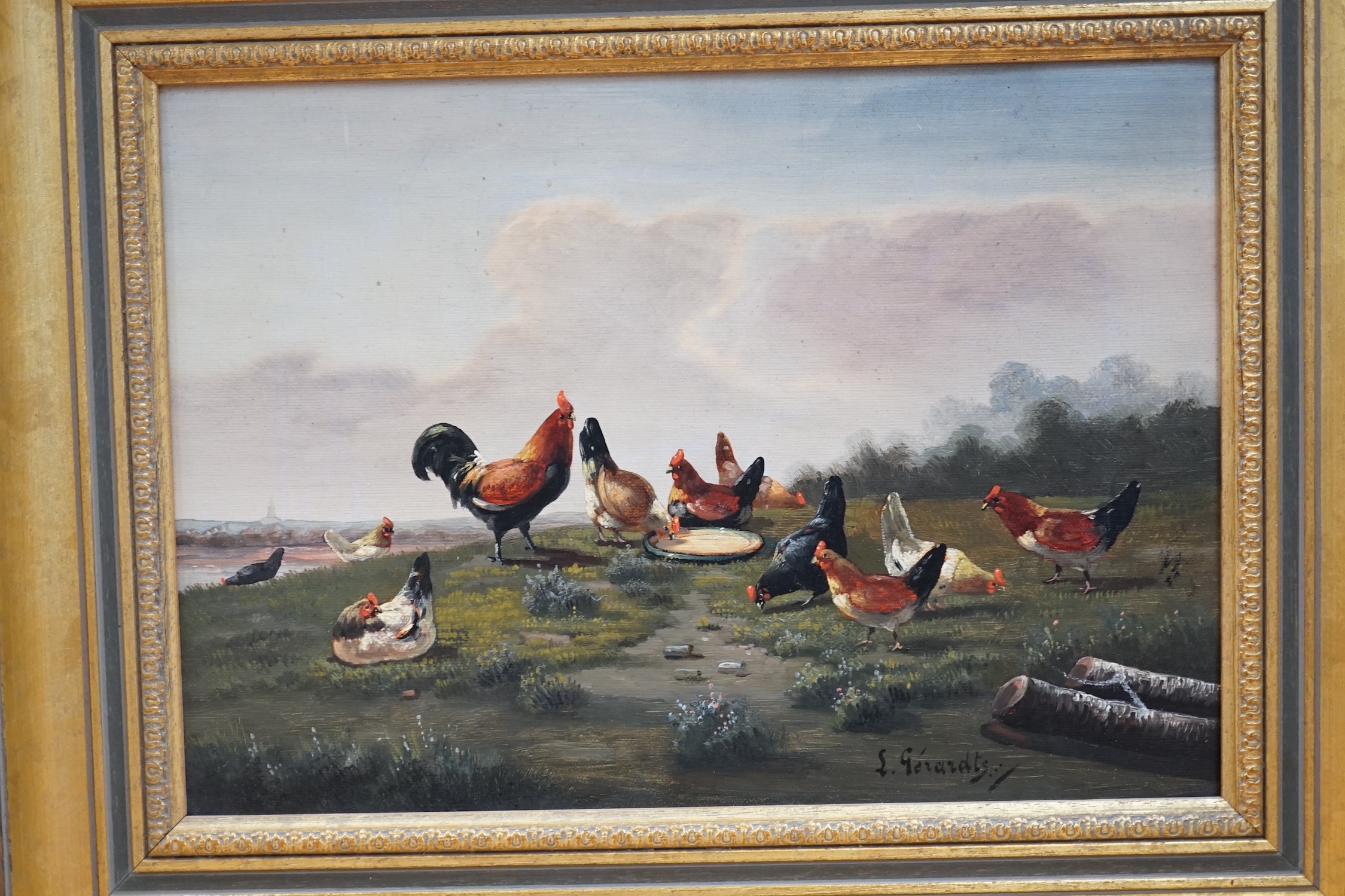 L. Gerardts (Dutch), pair of oils on canvas, Chickens before landscapes, signed, 24 x 34cm. Condition - fair to good